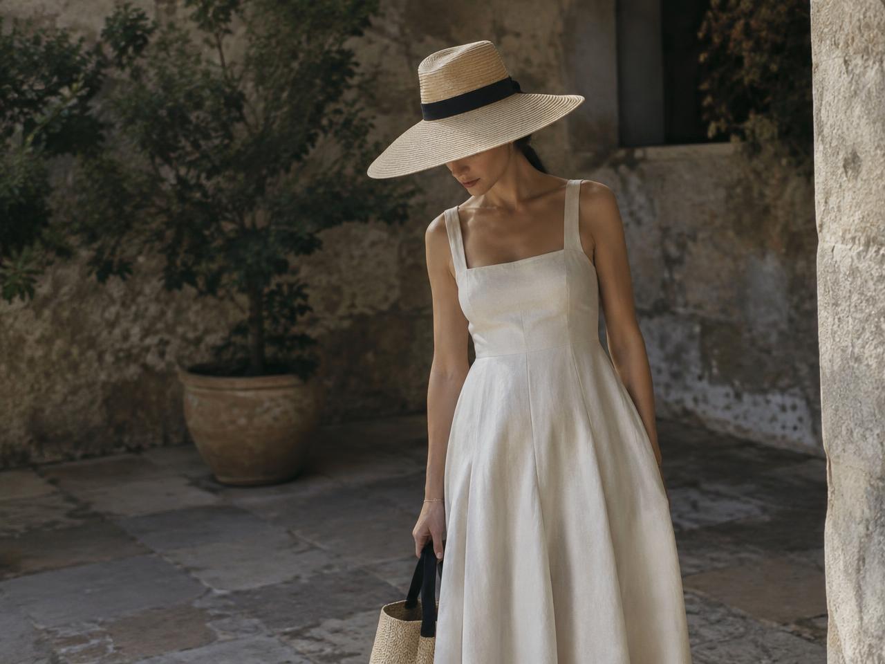 Model in a washed linen FELENI look against a sunlit plaster wall