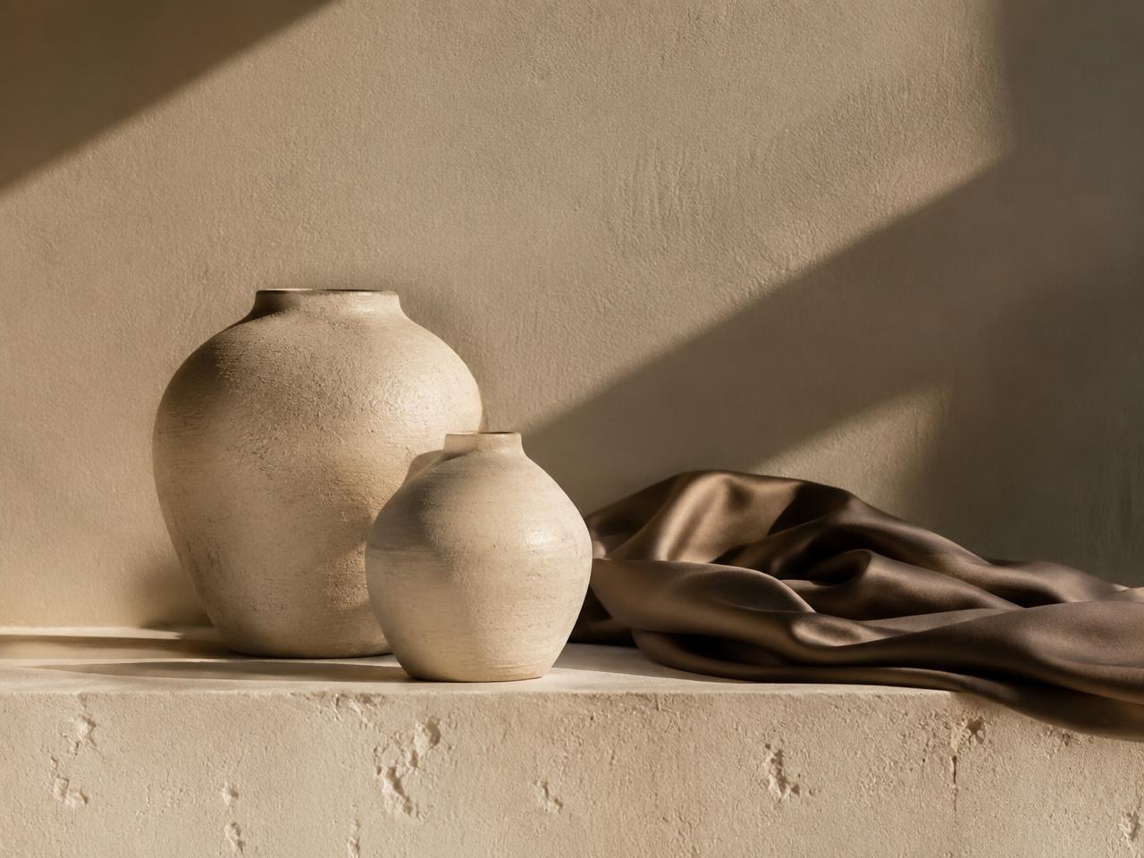 Still life of ceramics and textured stone that inspired the FELENI season