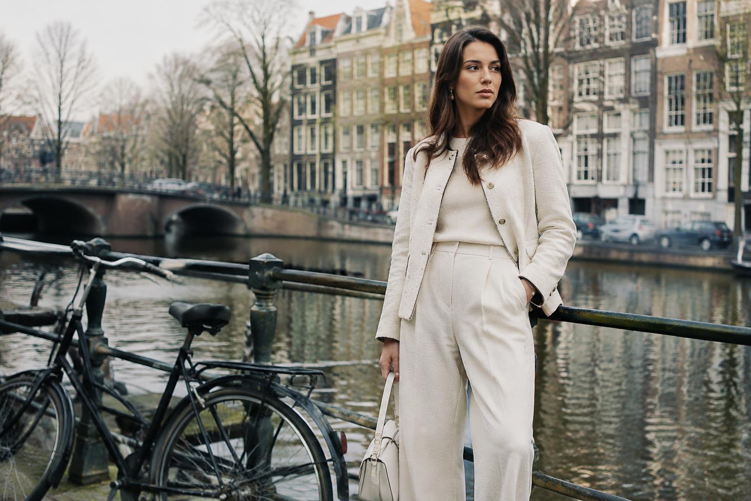 Woman in an ivory co-ord set and jacket standing beside an Amsterdam canal with a bicycle
