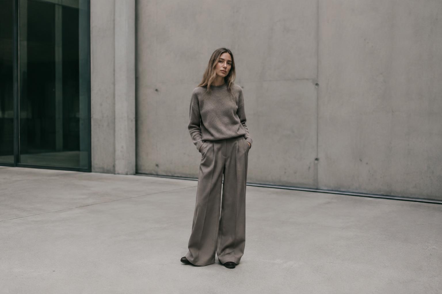 Woman in taupe wide-leg trousers and a grey knit standing in a minimal concrete courtyard in Berlin
