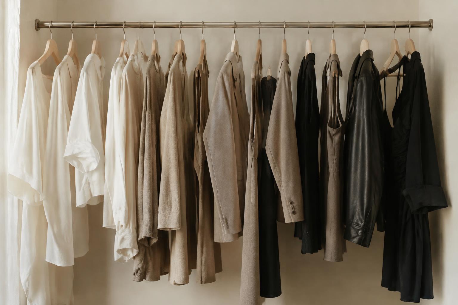 A rail of neutral-toned women's garments in a minimal capsule wardrobe