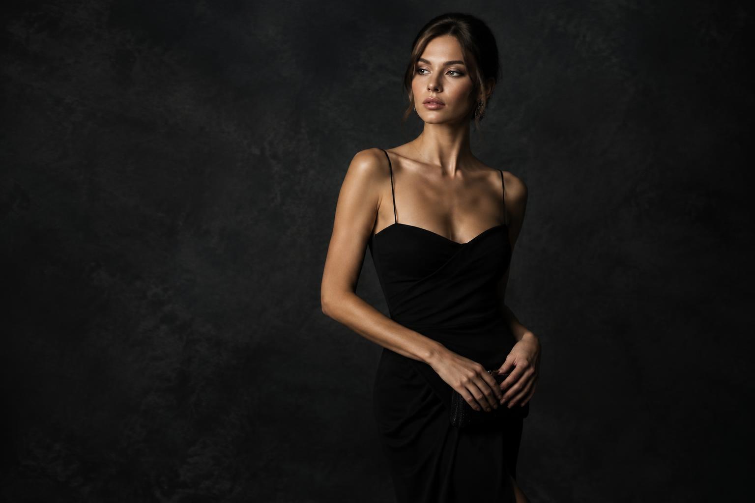 Woman in a black cocktail dress against a dark studio backdrop