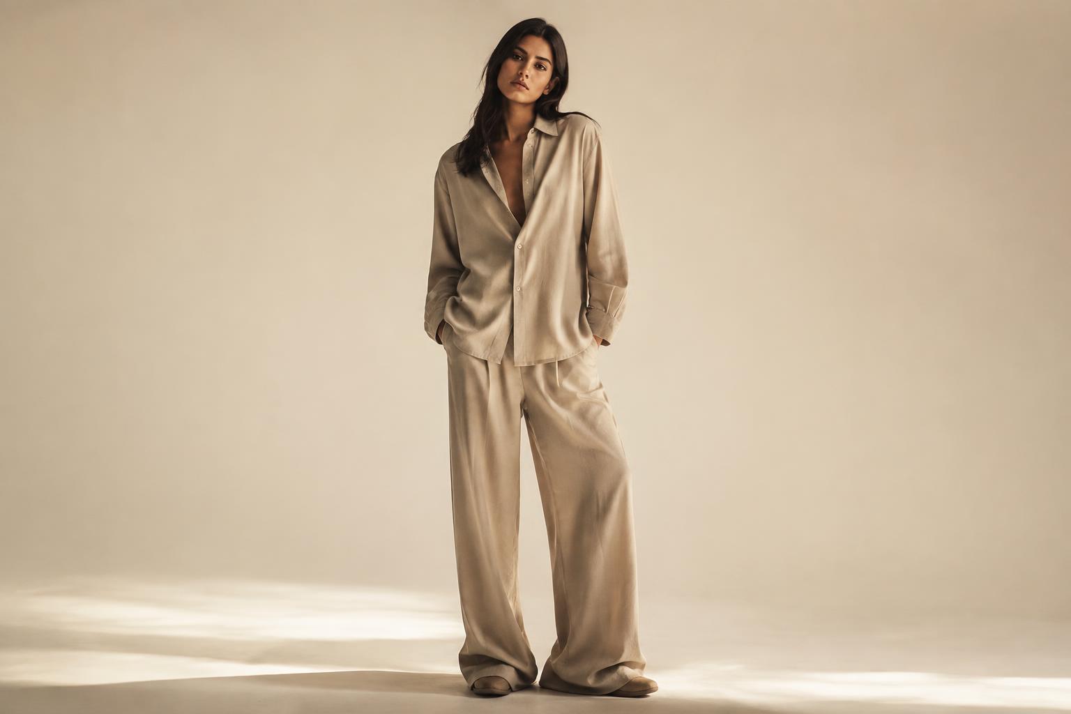 Woman wearing a sand-toned co-ord set of relaxed shirt and wide trousers