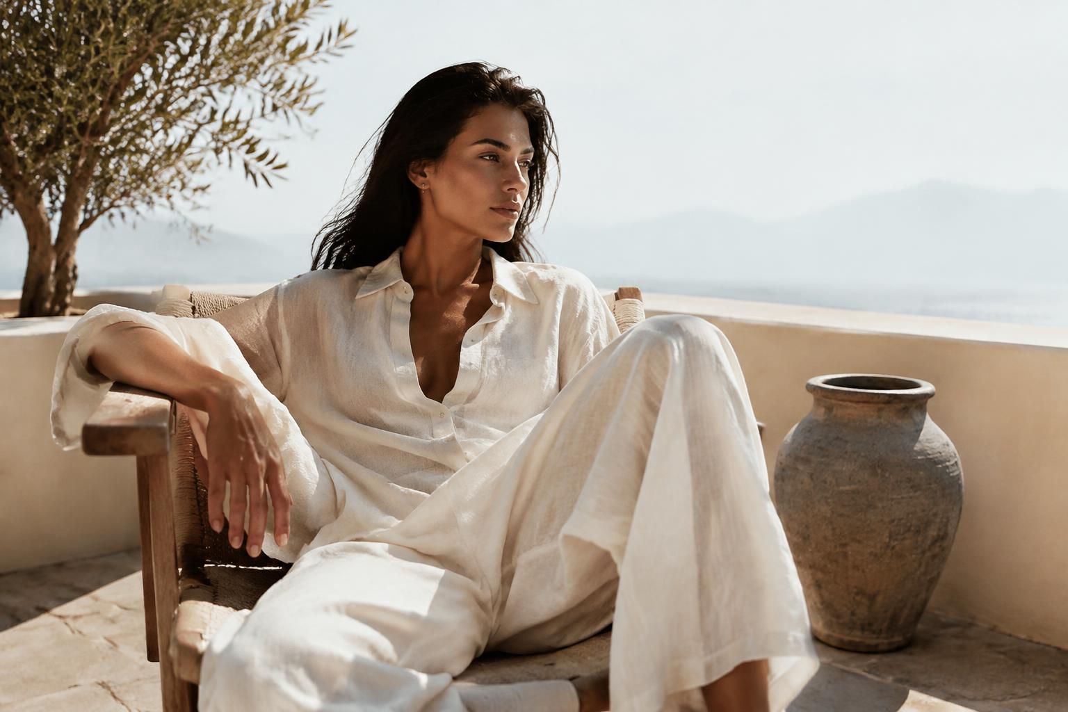 Woman in an ivory linen co-ord set on a sunlit terrace