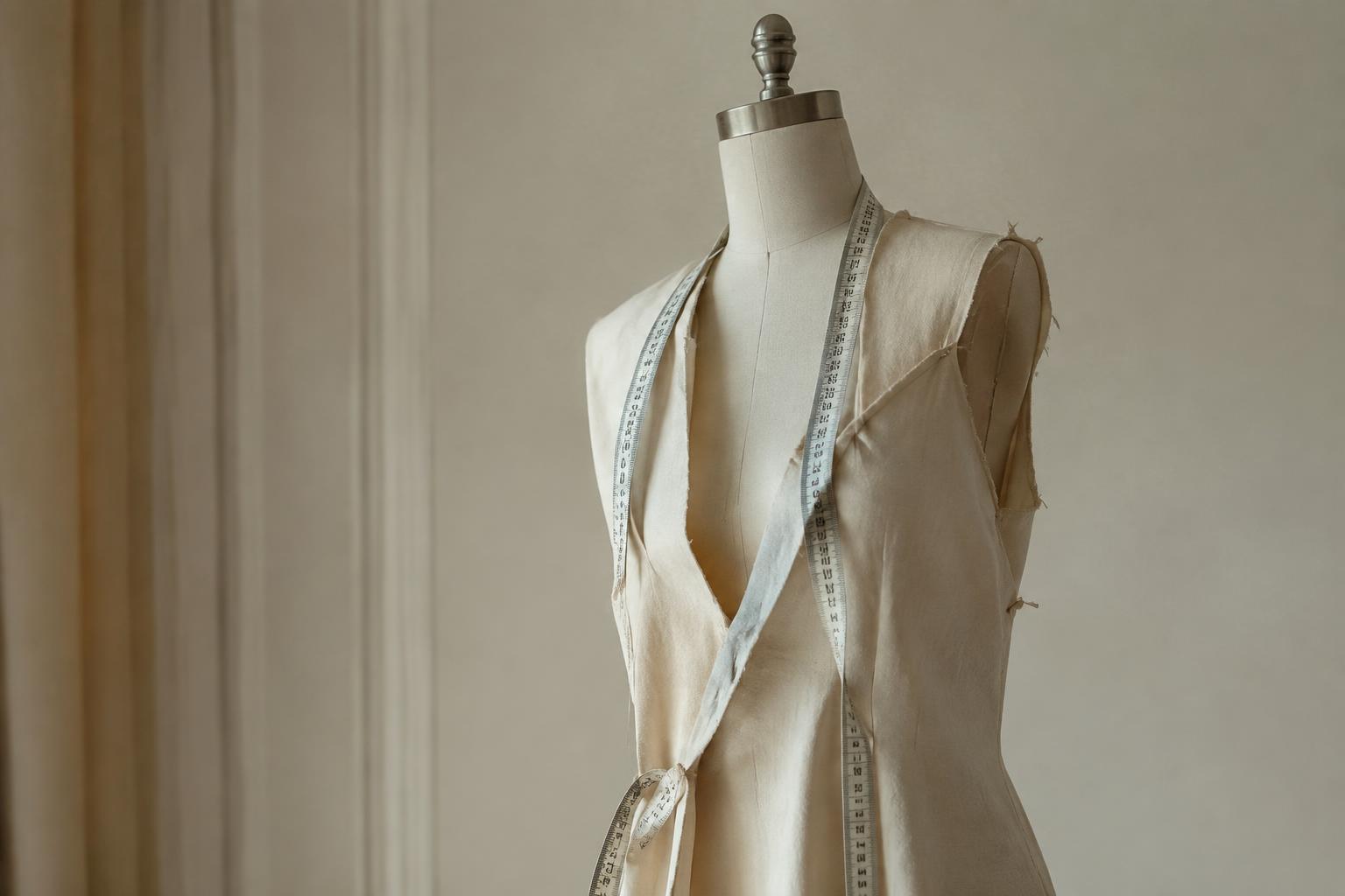 Tailor's measuring tape draped over a dress form with a half-finished garment