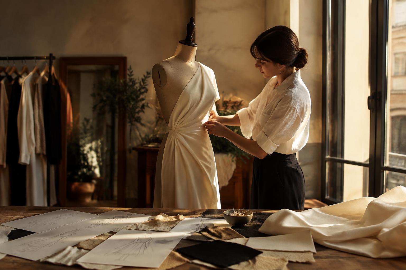 Dressmaker pinning ivory fabric on a dress form in an Athens atelier