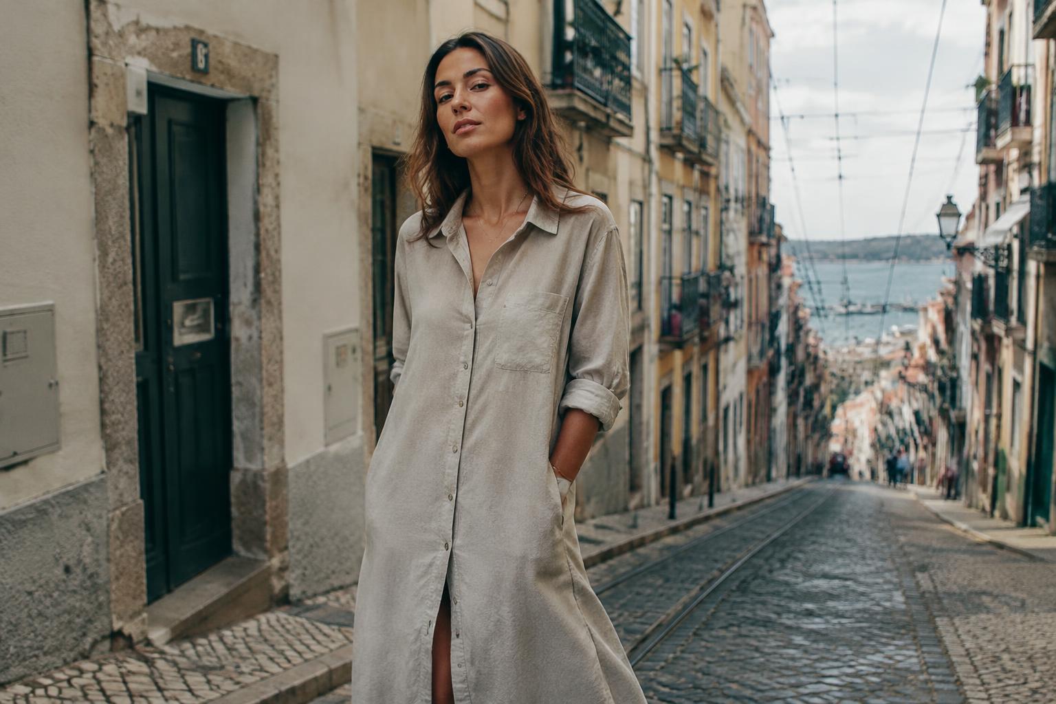 Woman in a stone-coloured linen shirt dress standing on a steep tram street in Lisbon