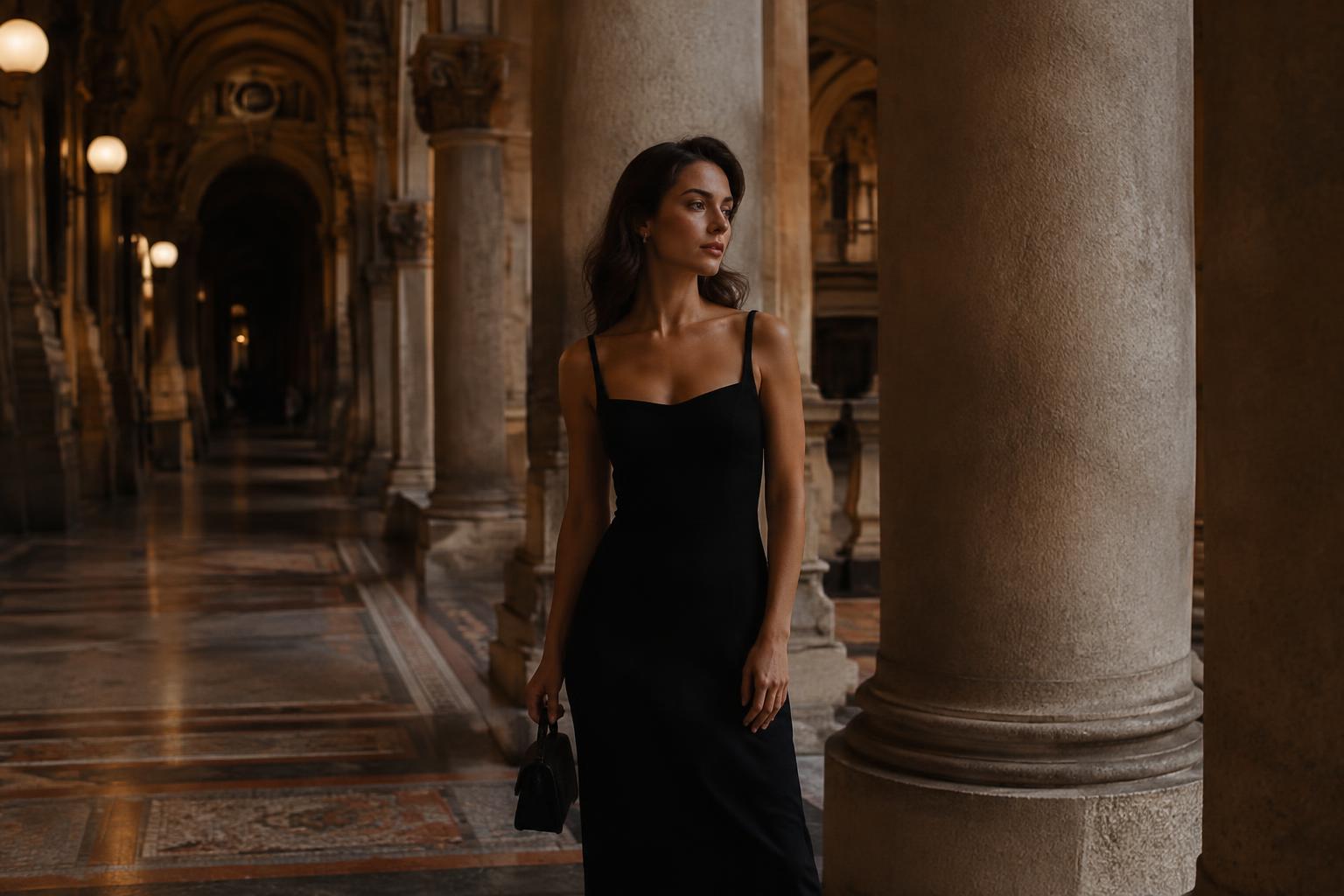 Woman in a black evening dress standing between stone columns in a Milan arcade