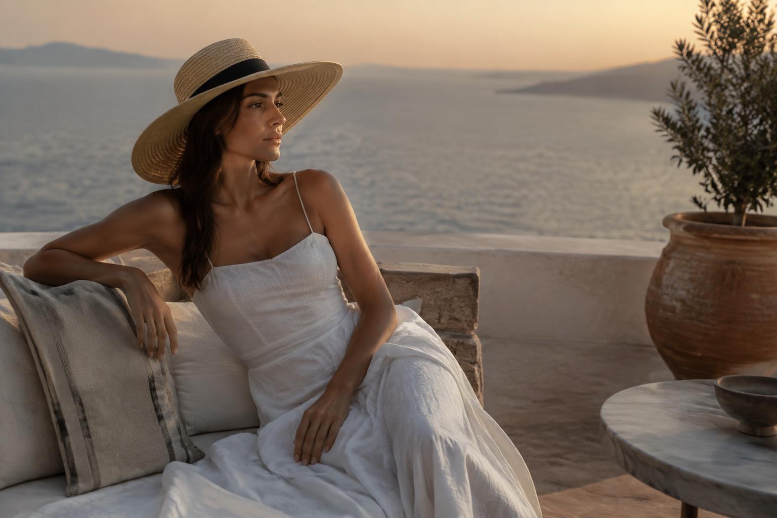 Woman in a white sundress and straw hat on a Mykonos terrace at dusk