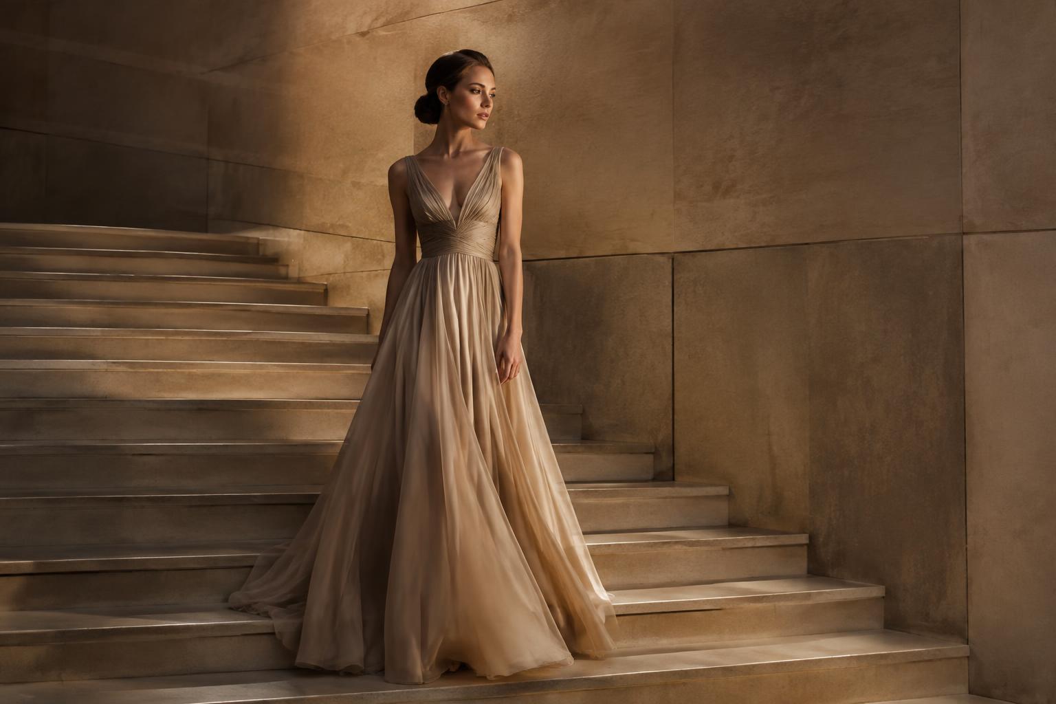 Woman in a flowing champagne occasion gown on a stone staircase