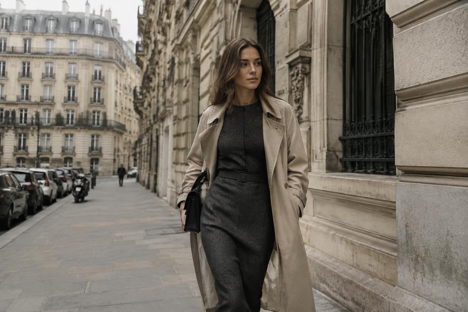 Woman in a charcoal midi dress and beige trench coat walking past Haussmann buildings in Paris
