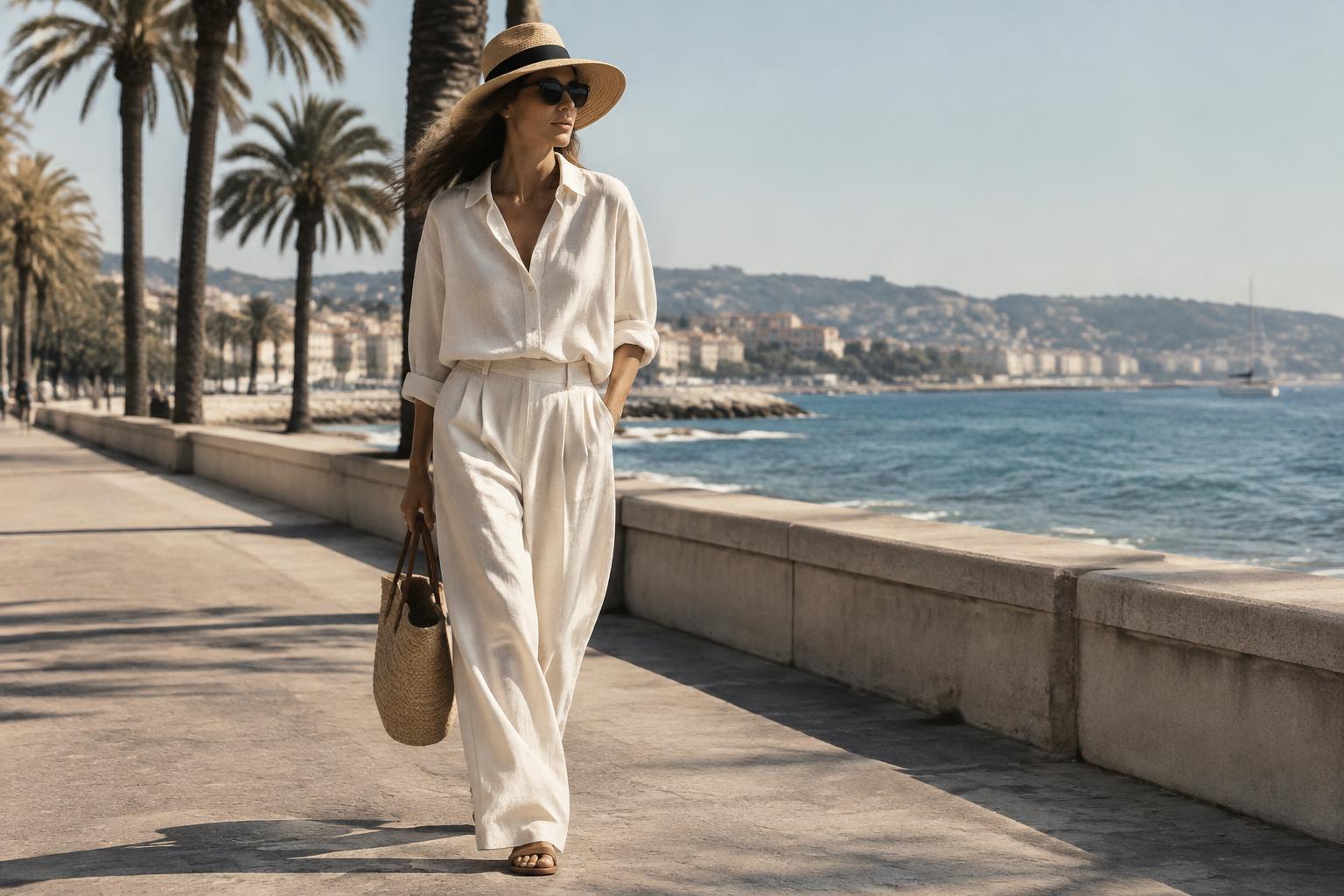 Woman in an ivory linen shirt and wide trousers with a straw hat walking along a palm-lined seaside promenade on the French Riviera