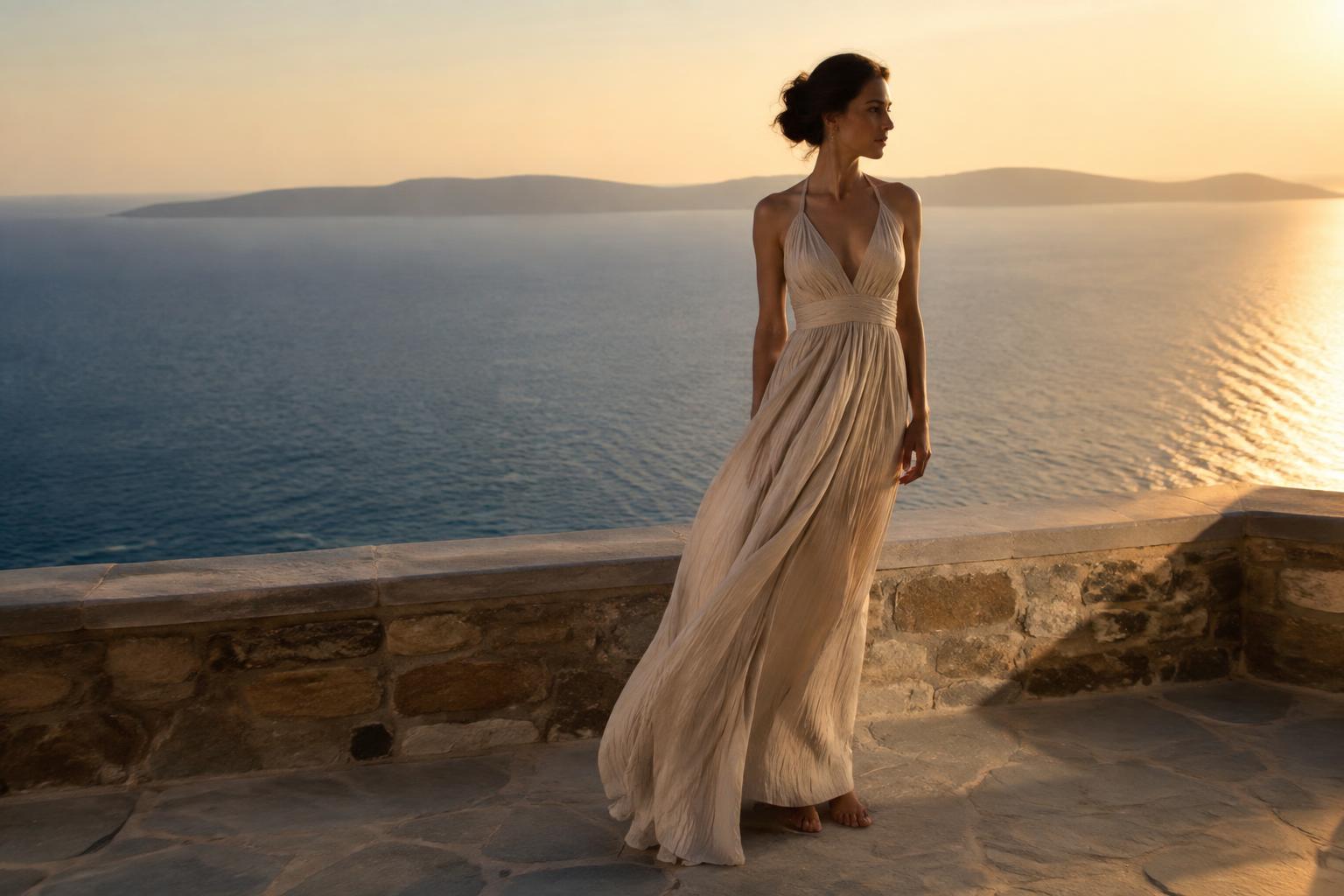 Woman in a neutral maxi dress on a stone balcony over the Aegean at golden hour