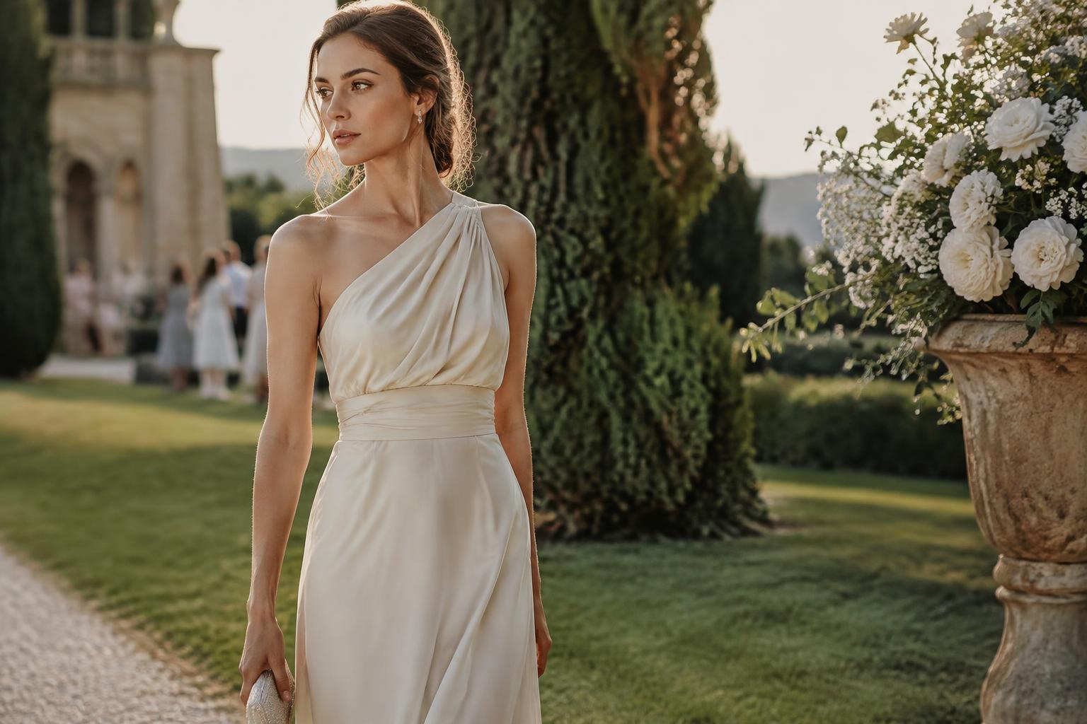 Woman in an ivory one-shoulder dress at a summer garden wedding