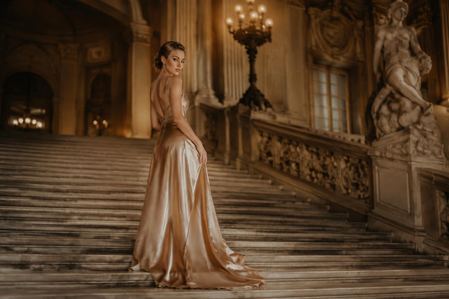 Woman in a champagne satin floor-length gown on a grand palace staircase in Vienna