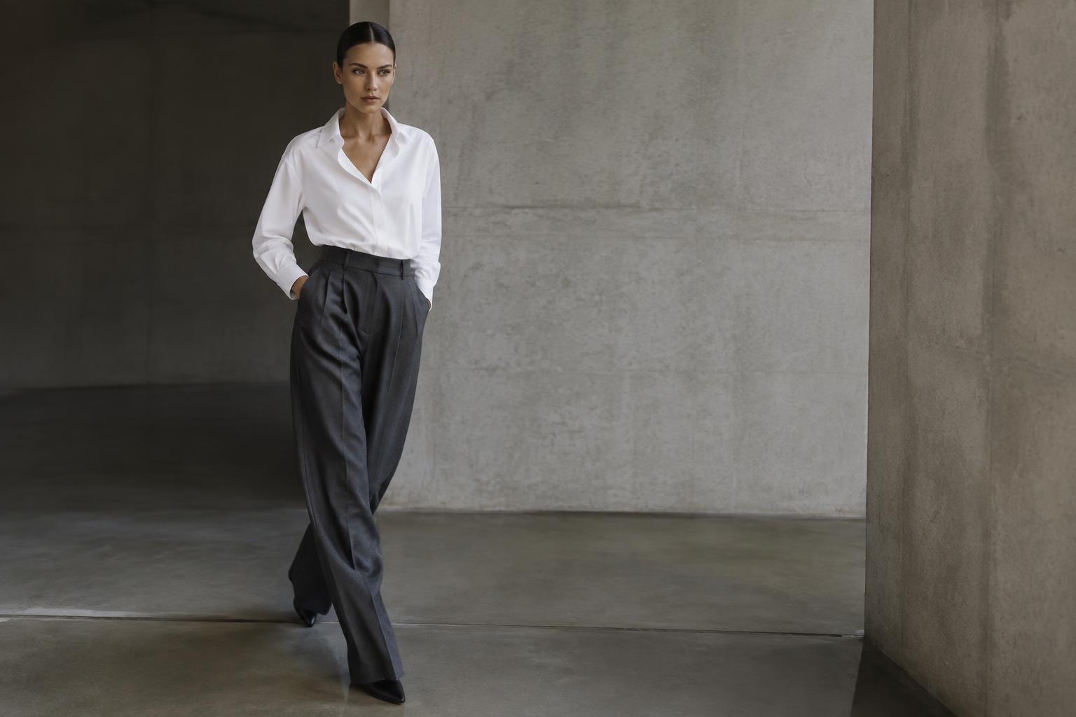 Woman in charcoal wide-leg trousers and a white shirt in a minimalist space
