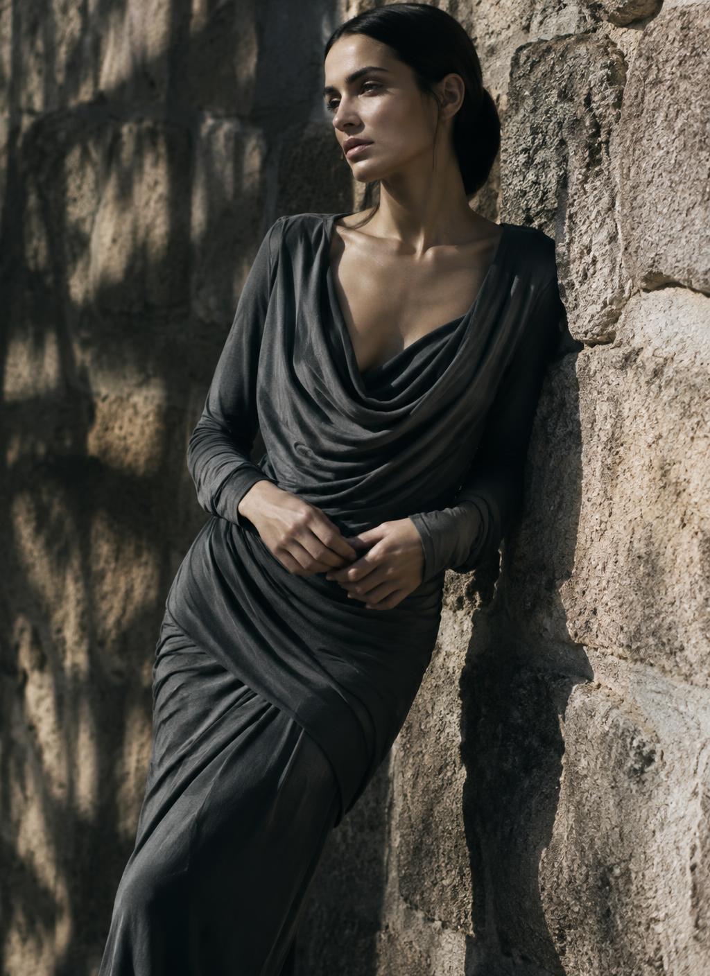 Model in draped jersey against raw stone architecture